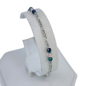 Green Glass Beaded Figaro Chain Bracelet | Vintage Sterling Silver 925 | 8"